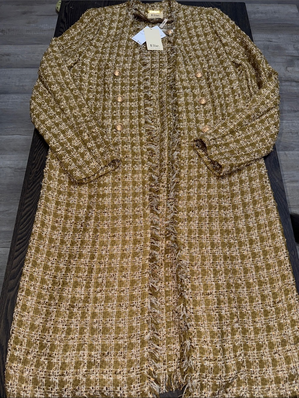 Elie Tahari Olive and Cream Tweed Trench Coat